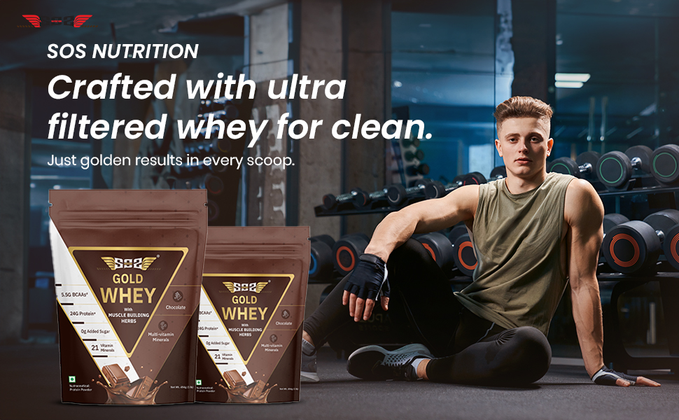 SOS Nutrition Gold Whey Protein Powder (Chocolate 454g) (Pack of 2) For Men Women 24g Whey Protein in 2 Scoop, 5.5g BCAAs, 30 Serving, Ashwagandha, Musli, Faster Muscle Recovery