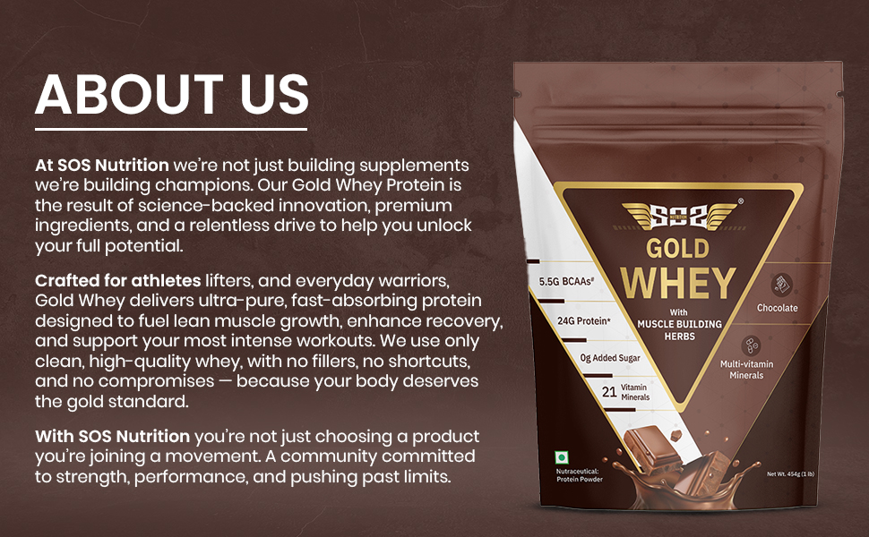 SOS Nutrition Gold Whey Protein Powder (Chocolate 454g) (Pack of 2) For Men Women 24g Whey Protein in 2 Scoop, 5.5g BCAAs, 30 Serving, Ashwagandha, Musli, Faster Muscle Recovery