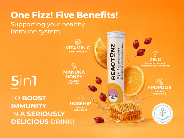 5 in 1 Immunity Plus – Immune Support & Antioxidant Supplement – Vitamin C, Zinc, Manuka Honey, Rosehip & Propolis – Natural Zesty Orange Flavor – 60 Day Supply Effervescent Tablets