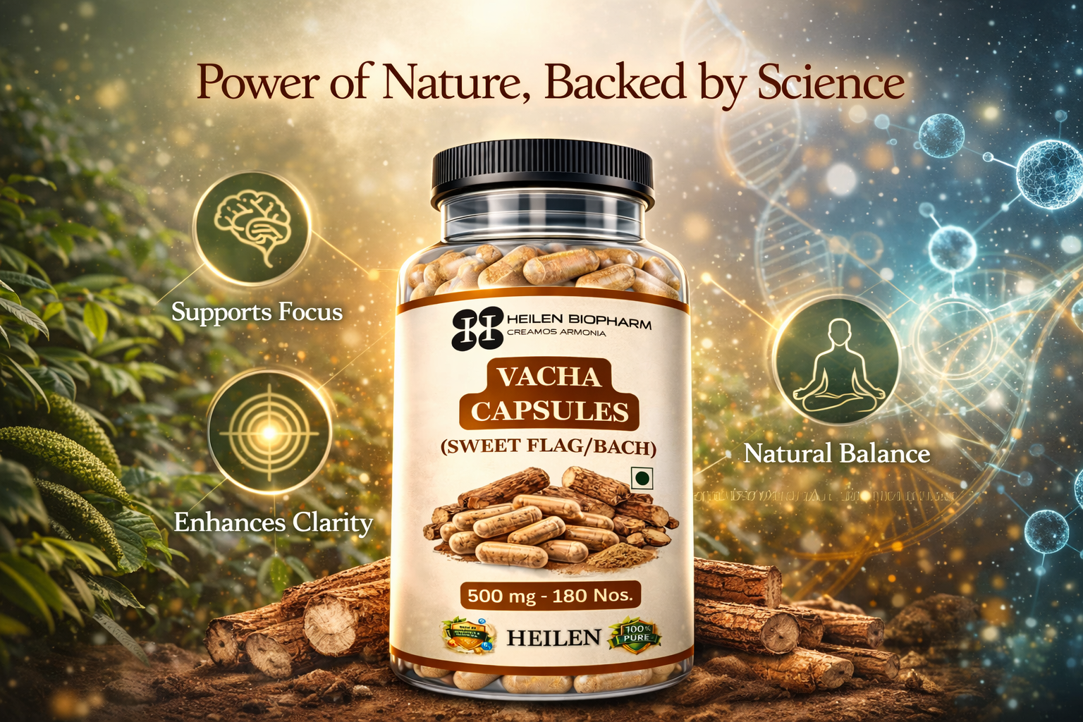 Heilen Biopharm Vacha Powder (Sweet Flag/Bach) Capsules – 500 mg × 180 Capsules | Herbal Dietary Supplement | Natural Wellness Support | GMP & FSSAI Certified