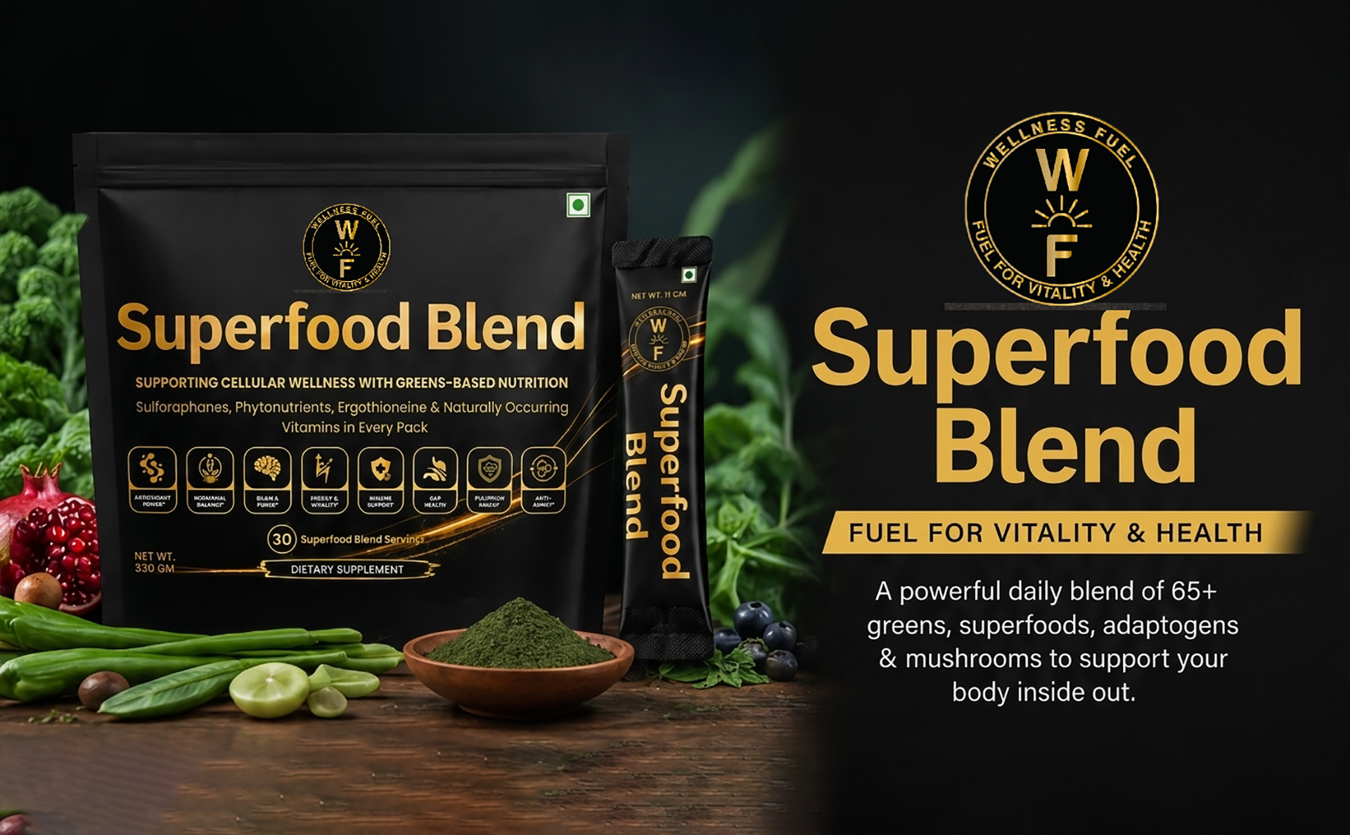 Superfood Blend Powder | 50+ Superfoods, Greens, Mushrooms, Antioxidants & Plant Protein | Daily Greens Supplement for Immunity, Gut Health, Energy & Detox | 30 Sachets | Sugar Free