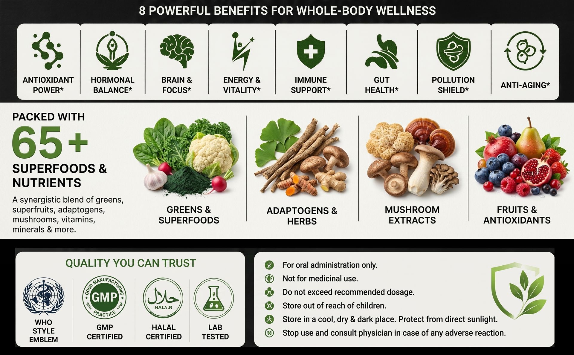 Superfood Blend Powder | 50+ Superfoods, Greens, Mushrooms, Antioxidants & Plant Protein | Daily Greens Supplement for Immunity, Gut Health, Energy & Detox | 30 Sachets | Sugar Free