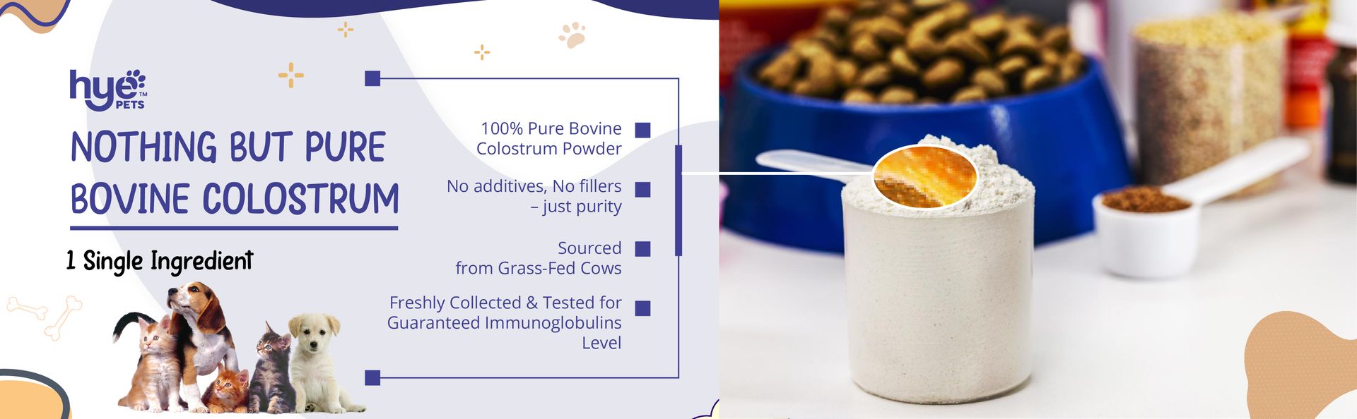 Hye Pets Bovine Colostrum Powder for Dogs & Cats | Allergy & Itchy Skin Relief Supplement | Immune Support with Natural Antibodies | Pure, Single Ingredient, No Preservatives | 60 Days Supply | 60g