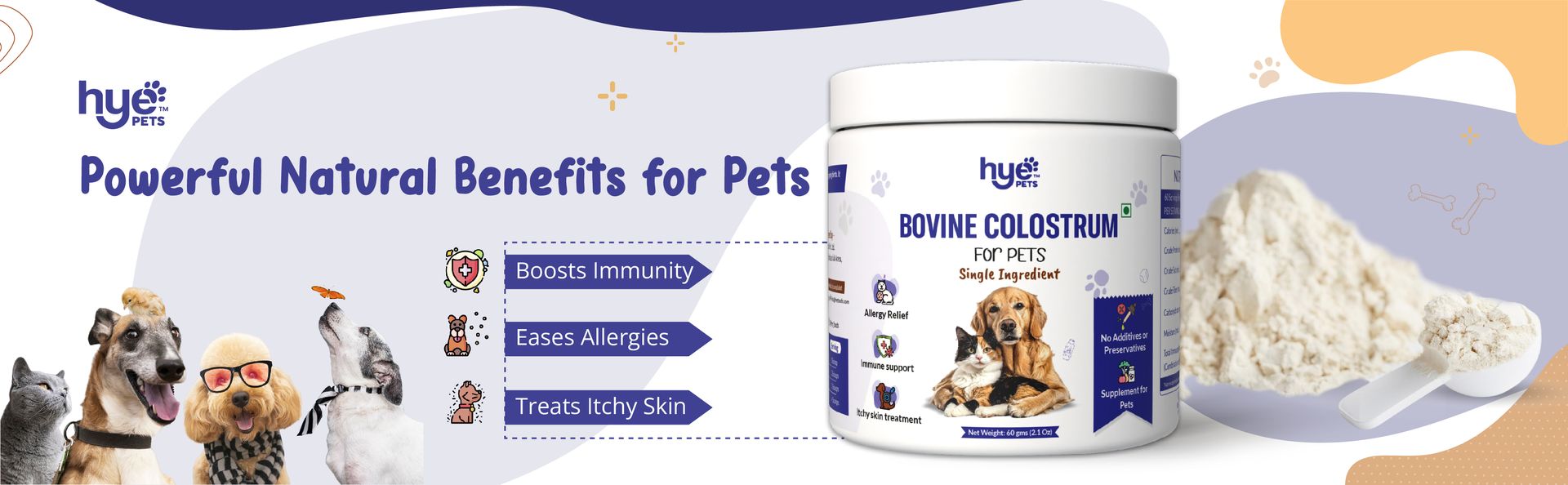 Hye Pets Bovine Colostrum Powder for Dogs & Cats | Allergy & Itchy Skin Relief Supplement | Immune Support with Natural Antibodies | Pure, Single Ingredient, No Preservatives | 60 Days Supply | 60g