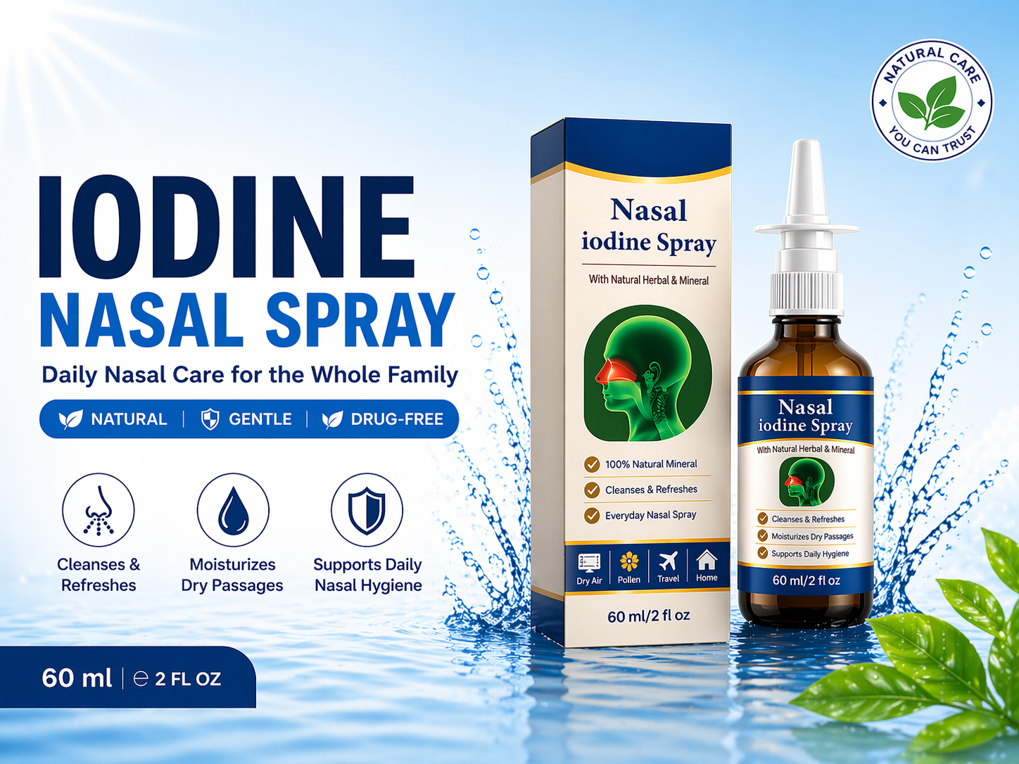 Iodine Nasal Spray - Natural Nasal Iodine Spray with Fulvic Acid,1% Povidone Iodine Gentle Cleanses Nasal Passages for Daily Care,60ml/2 FLoz - 150+ Uses (1)