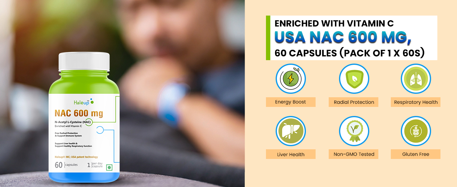 Haleup NAC 99% (N-Acetyl Cysteine) 600 mg, Haleup INC USA, 60 capsules, enriched with Vitamin C for Glutathione Production, Respiratory Health, Liver Detox, Antioxidant Support