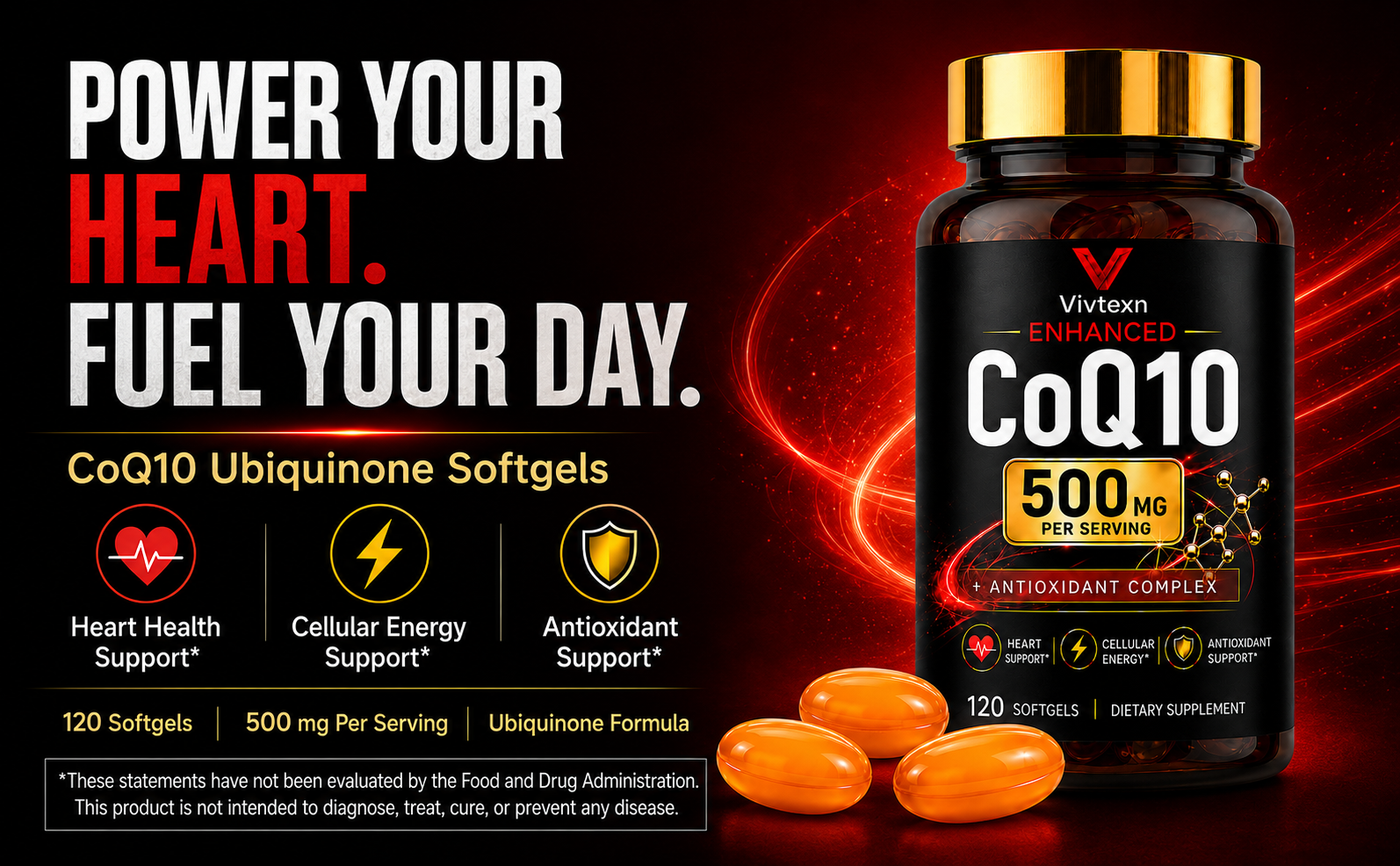 CoQ10 Supplement 500mg, Coenzyme Q10 Ubiquinone, Antioxidant & Cellular Energy Support, Heart Wellness Support, Daily Dietary Supplement for Adults, 120 Softgels