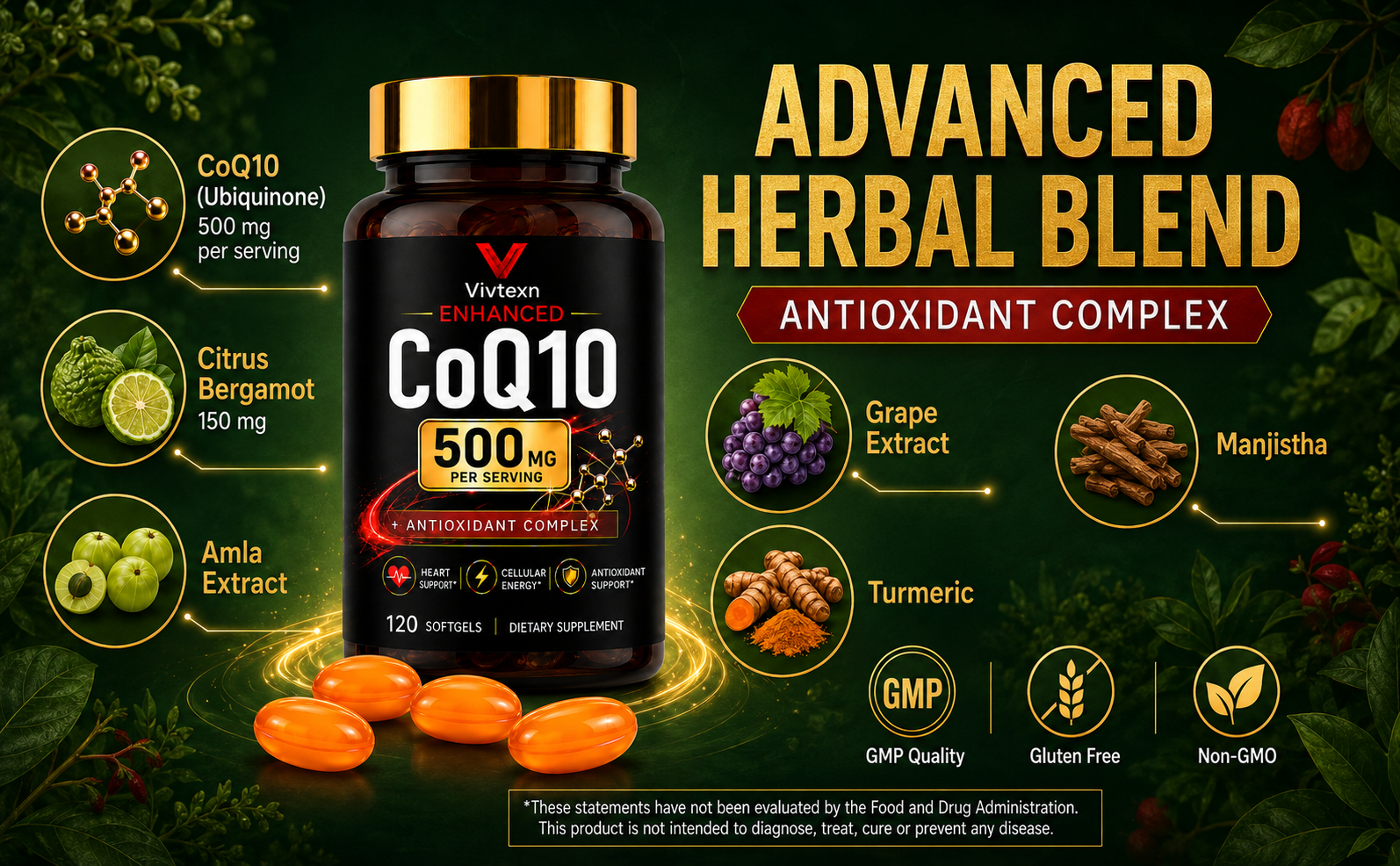 CoQ10 Supplement 500mg, Coenzyme Q10 Ubiquinone, Antioxidant & Cellular Energy Support, Heart Wellness Support, Daily Dietary Supplement for Adults, 120 Softgels