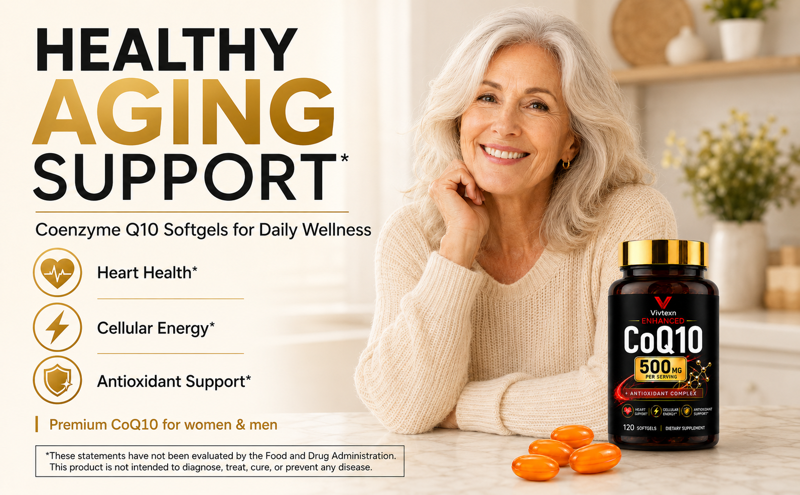 CoQ10 Supplement 500mg, Coenzyme Q10 Ubiquinone, Antioxidant & Cellular Energy Support, Heart Wellness Support, Daily Dietary Supplement for Adults, 120 Softgels