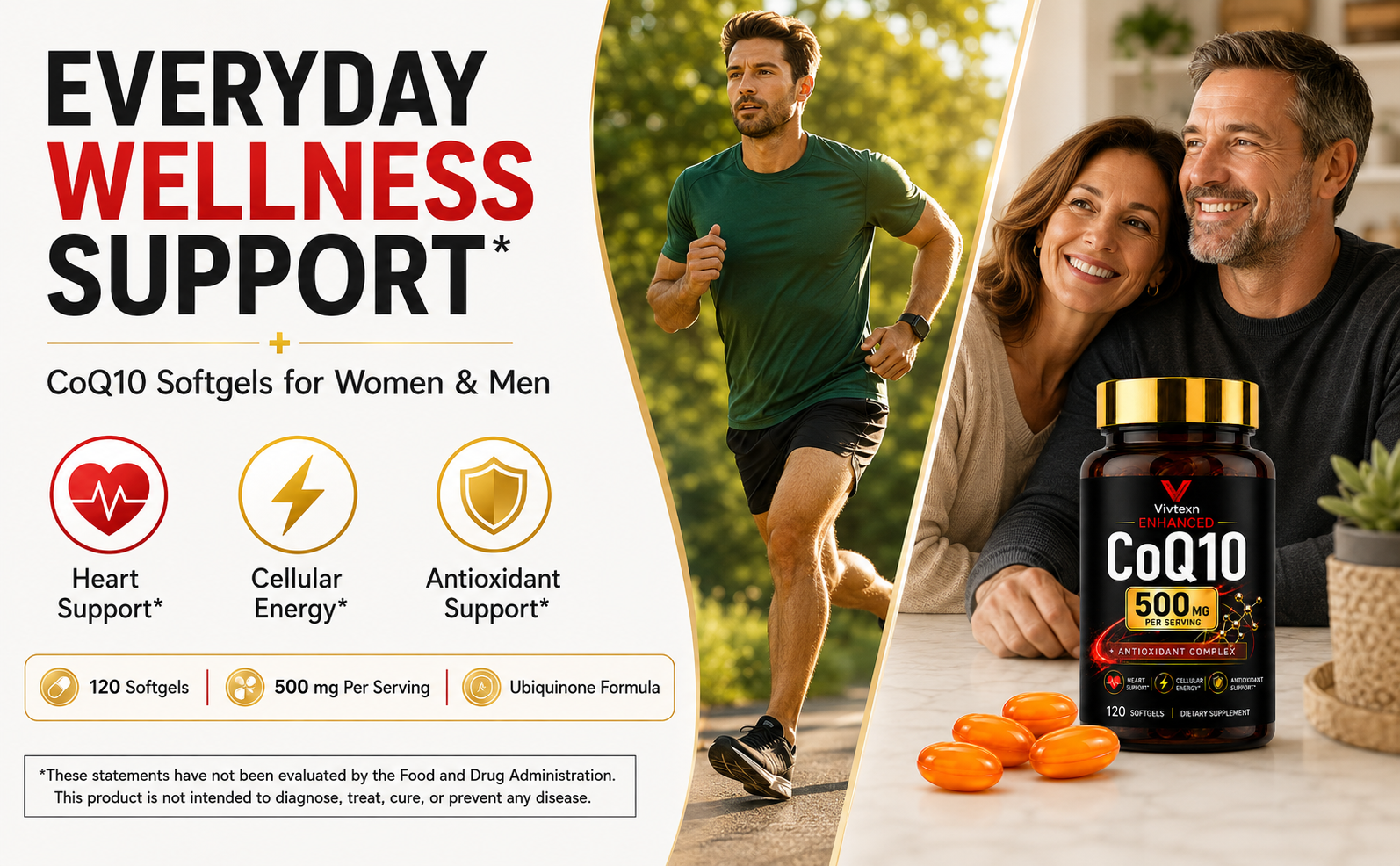 CoQ10 Supplement 500mg, Coenzyme Q10 Ubiquinone, Antioxidant & Cellular Energy Support, Heart Wellness Support, Daily Dietary Supplement for Adults, 120 Softgels