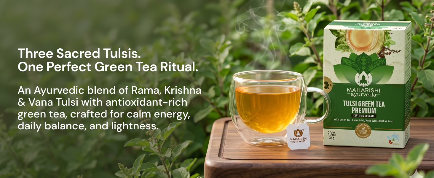 Maharishi Ayurveda Organic Certified Tulsi Green Tea Premium | With Rama, Krishna & Vana Tulsi and Green Tea | Supports Detox, Immunity & Daily Balance | 20 Tea Bags (30g)
