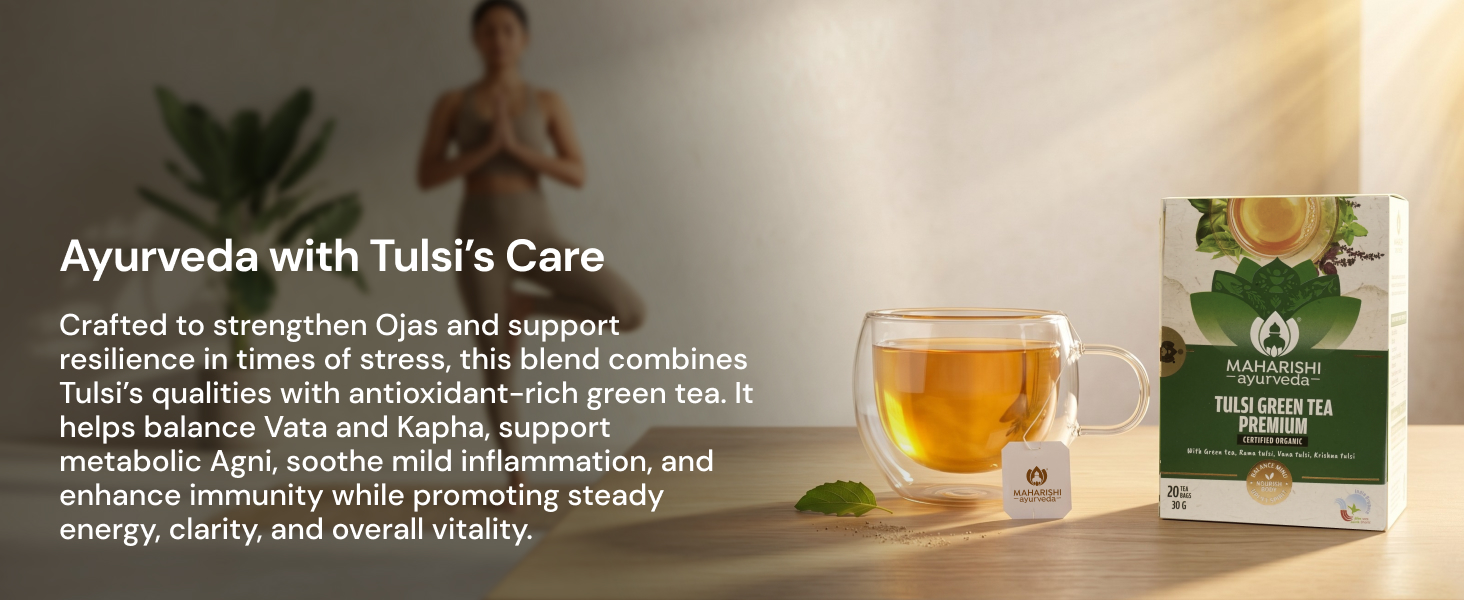Maharishi Ayurveda Organic Certified Tulsi Green Tea Premium | With Rama, Krishna & Vana Tulsi and Green Tea | Supports Detox, Immunity & Daily Balance | 20 Tea Bags (30g)