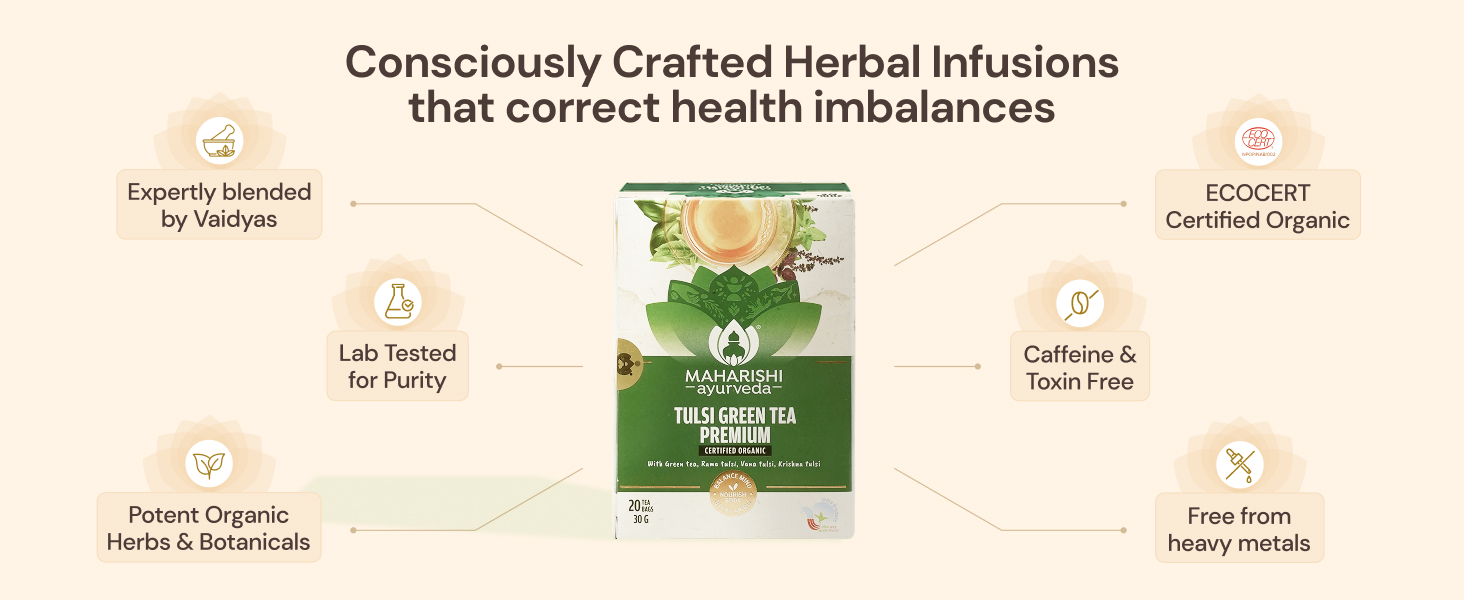 Maharishi Ayurveda Organic Certified Tulsi Green Tea Premium | With Rama, Krishna & Vana Tulsi and Green Tea | Supports Detox, Immunity & Daily Balance | 20 Tea Bags (30g)