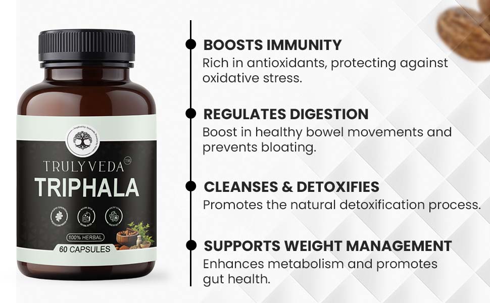 Triphala Capsules – Natural Blend of Amla, Haritaki, and Bibhitaki | Plant-Based Supplement in Easy-to-Swallow Capsules for Daily Use - 60 Tablets