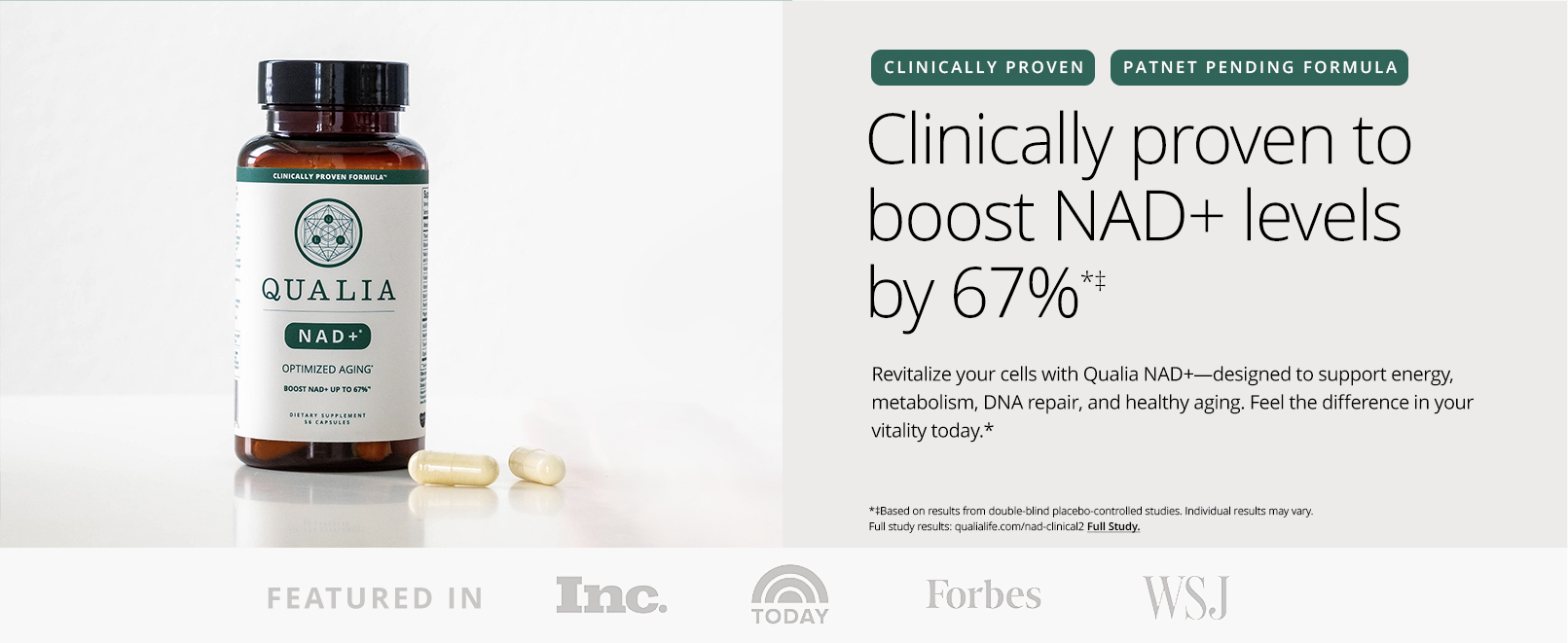 Qualia NAD Supplement — Clinically Proven to Boost NAD+ up to 67%. Optimized Aging, Energy, Focus. Elite Ingredients Nicotinamide Riboside (NIAGEN), Niacin, Niacinamide (1 Month Supply)