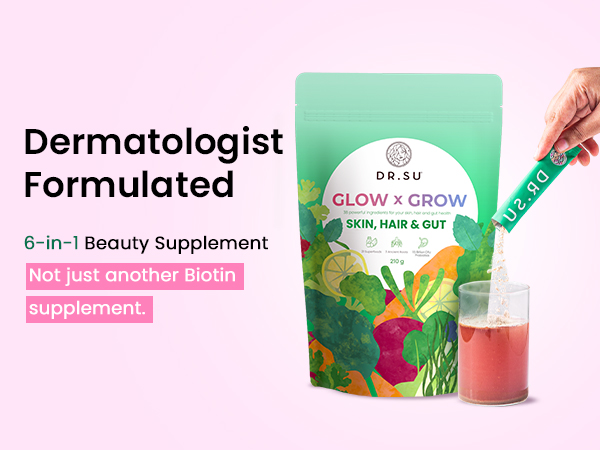 Dr.Su 6-In-1 Biotin Hair Supplement Powder - Strong Hair, Clear Skin & Healthy Gut | With Vitamins, Minerals, Antioxidants, Probiotics, Fiber & Adaptogens | Lemon Mint | Sugar-Free, 30 Sachets, Unisex