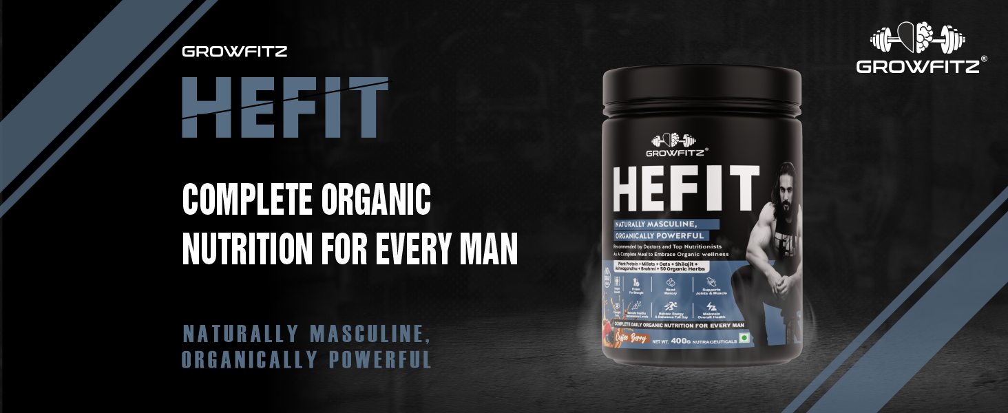 Growfit Hefit 100% Natural Plant Protein Powder 400g | 12g Protein - Pea Isolate | Easy to Digest | Meal Supplements for Muscle Growth & Recovery | 50+ Organic Herbs | No Added Sugar (Coffee Berry)