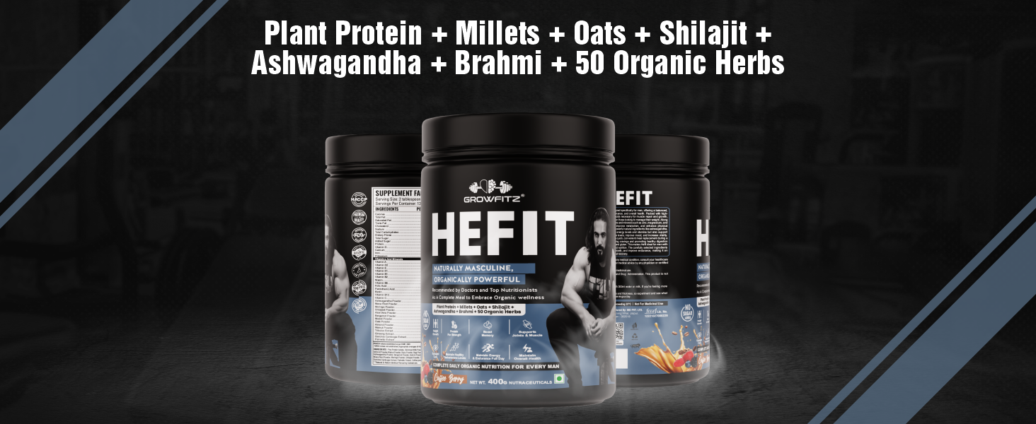 Growfit Hefit 100% Natural Plant Protein Powder 400g | 12g Protein - Pea Isolate | Easy to Digest | Meal Supplements for Muscle Growth & Recovery | 50+ Organic Herbs | No Added Sugar (Coffee Berry)