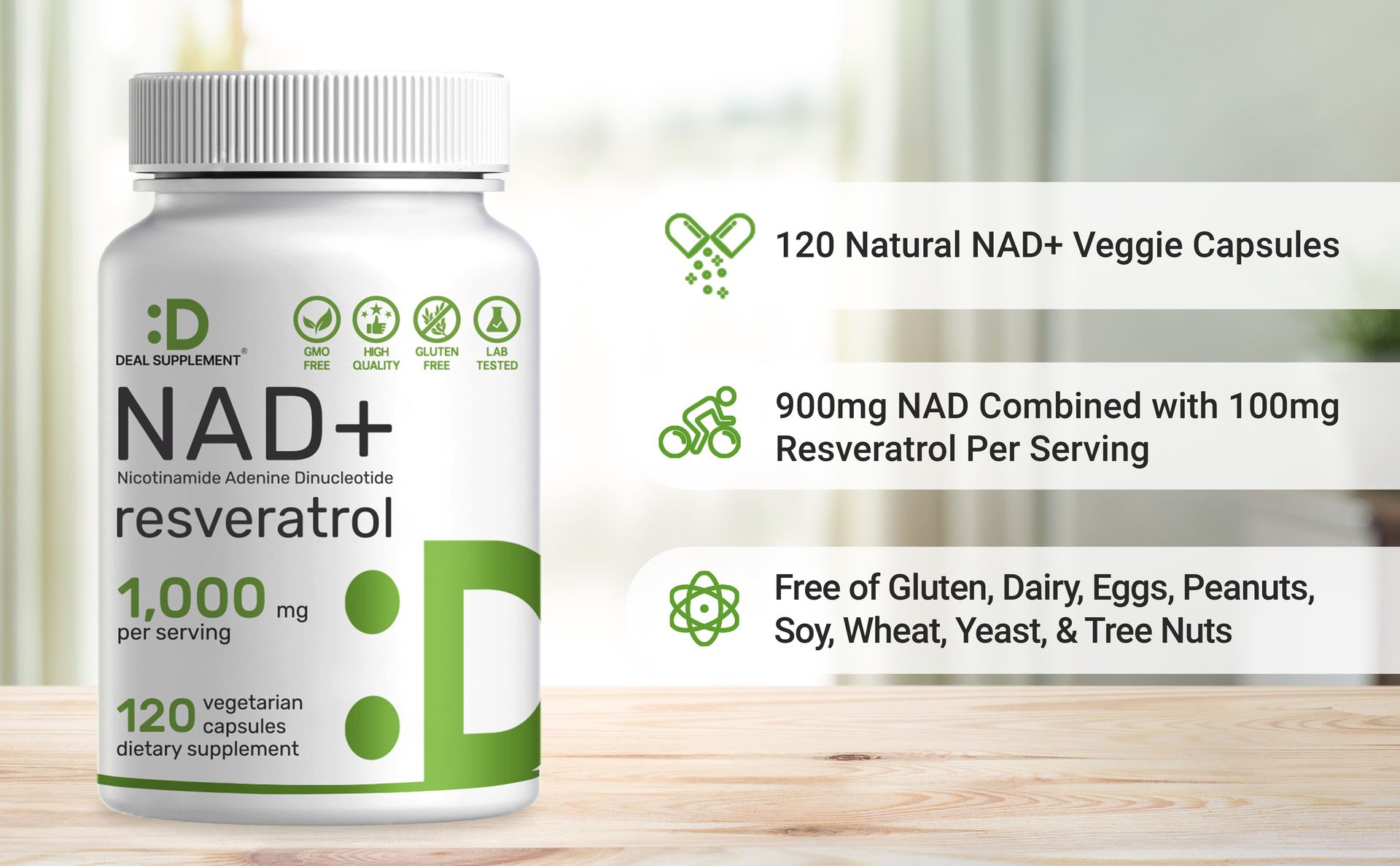 NAD+ Resveratrol Supplement 1,000mg Per Serving, 120 Veggie Capsules | 2-in-1 Extra Strength NMN Supplement Alternative | NAD Supplements for Women & Men | Non-GMO, Gluten Free