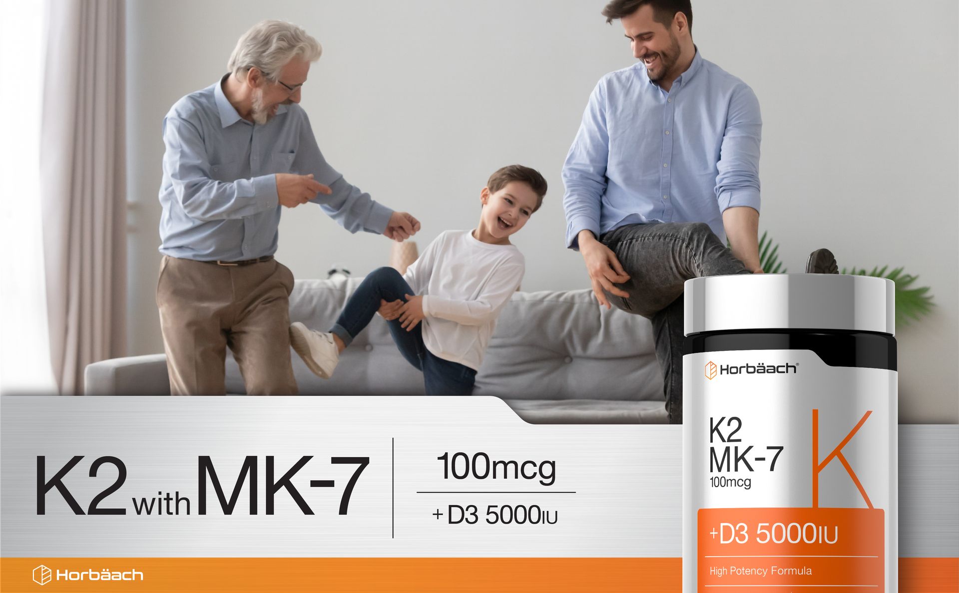 Horbäach Vitamin D3 K2 5000 iu | 100mcg MK-7 Complex | 180 Softgel Capsules