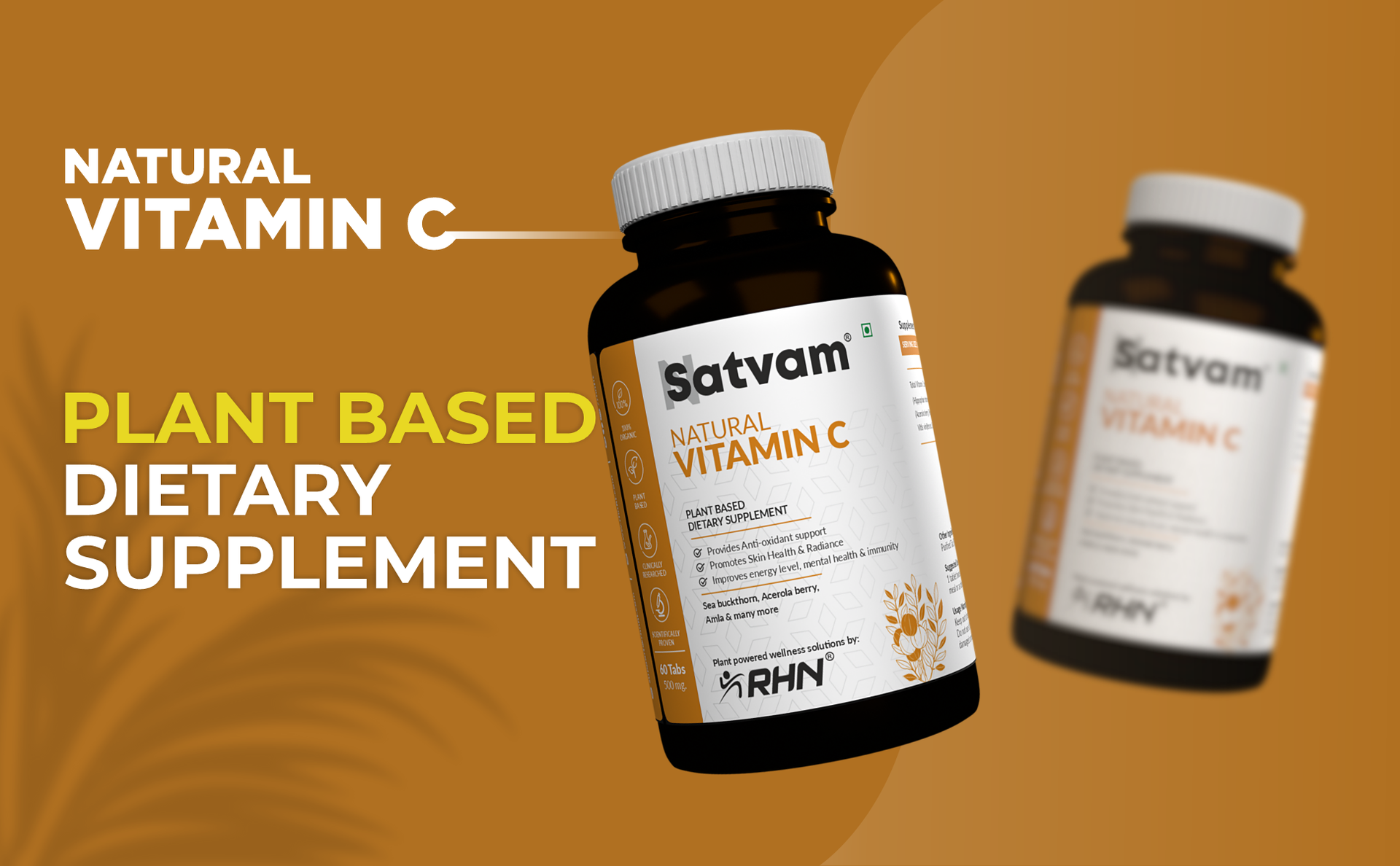 SATVAM Natural Vitamin C Tablets – 100% Organic, Plant Based, Antioxidant, Supports Immunity & Skin Health – 60 Tablets x 500mg, With Rose Hip, Sea Buckthorn, Acerola Berry, Amla – FSSAI Licensed