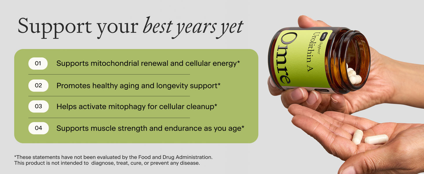 OMRE - Urolithin A 500mg, 98% Purity - Support for Healthy Aging and Cellular Renewal - Mitochondrial and Ceullular Energy Support for Longevity - 30 Servings