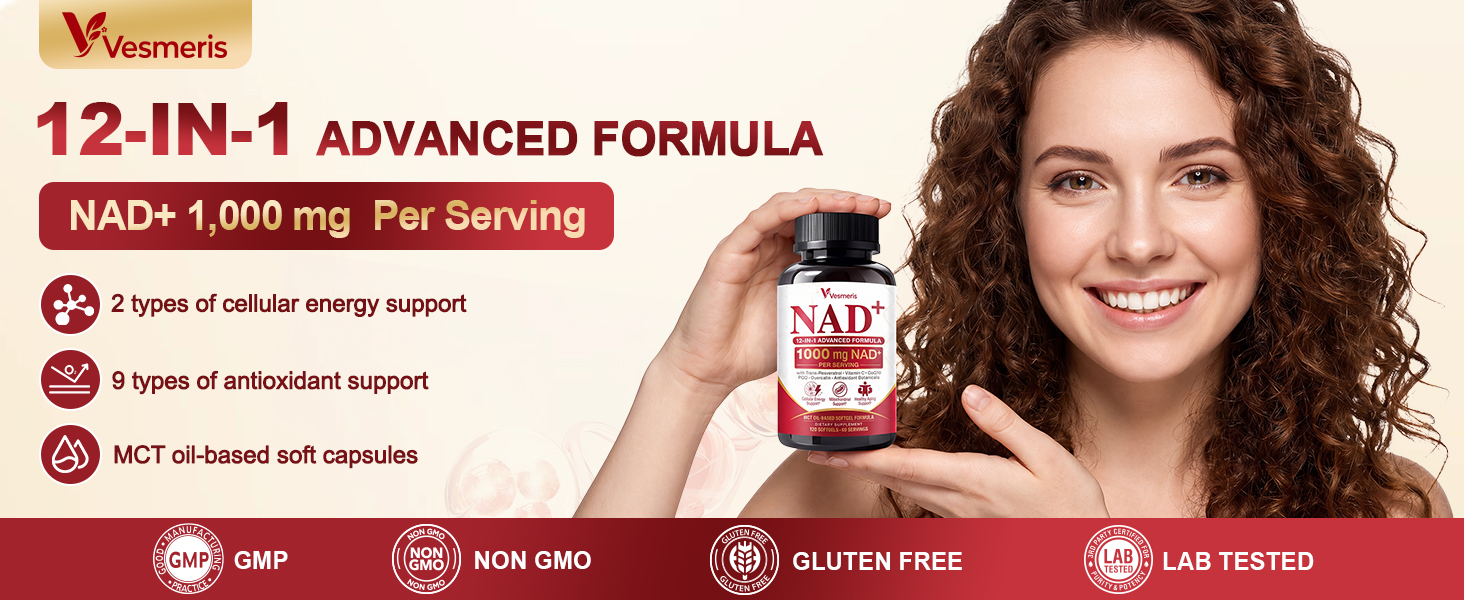 12-in-1 NAD Supplement for Women Men, 120 Vegan NAD+ Plus Softgels, NMN & NMNH Alternative, with Trans-Resveratrol, Quercetin, PQQ, Vitamin C, CoQ10 for Healthy Aging Support, Cellular Energy