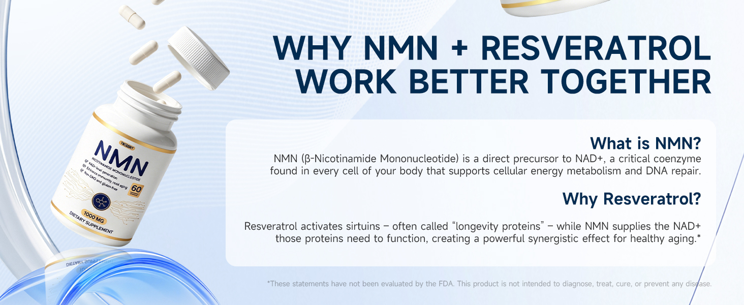 NMN (Nicotinamide Mononucleotide) 1000 mg per serving, 60 capsules | Quad NAD+ supplement with TMG and resveratrol | NMN alternative, third-party tested- 2 Pack