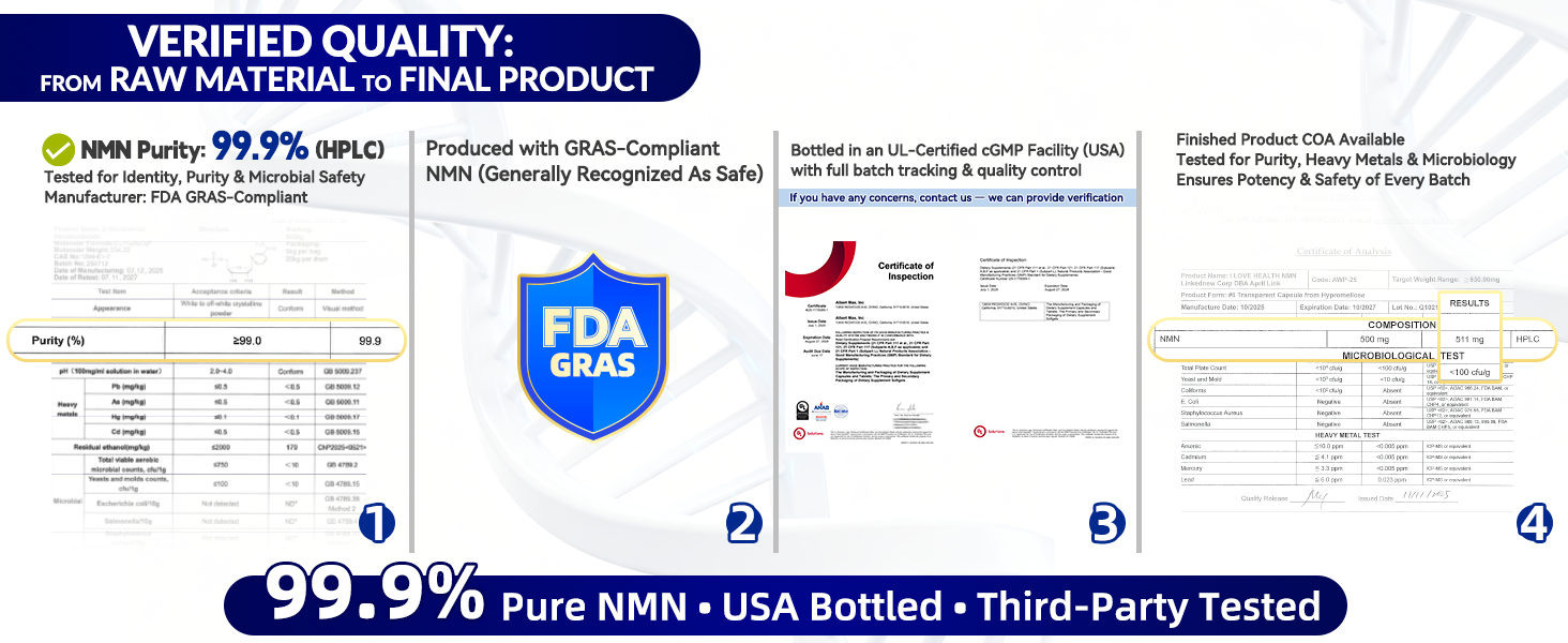 NMN 1000mg Supplement Per Serving,99.9% Pure Nicotinamide Mononucleotide,NAD+ Support Cellular Energy & Healthy Aging for Men & Women,60 Capsules(30-Day Supply),Third-Party Tested,cGMP