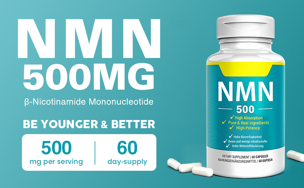 Vegan NMN Supplement 500mg, Higher Absorption - 99% Pure NMN (Nicotinamide Mononucleotide)for NAD+, Cellular Energy Immune Muscle, Anti-Aging & Longevity, Stabilized NMN - 60 Capsules (60 Days Supply)
