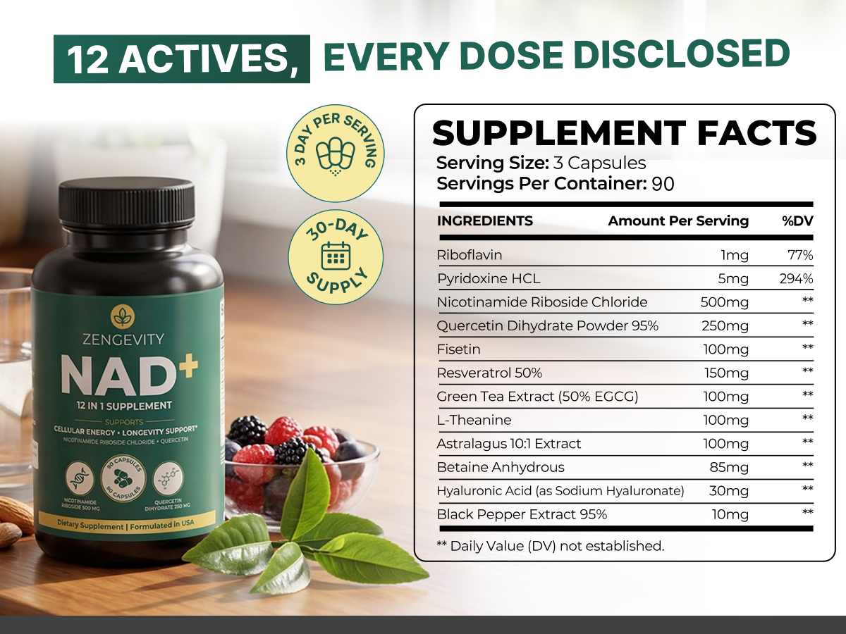 NAD+ Supplement for Women and Men, 12 in 1 NAD Plus Longevity Complex with Nicotinamide Riboside, Resveratrol, Quercetin, Fisetin and L-Theanine, Cellular Energy Support, 90 Capsules