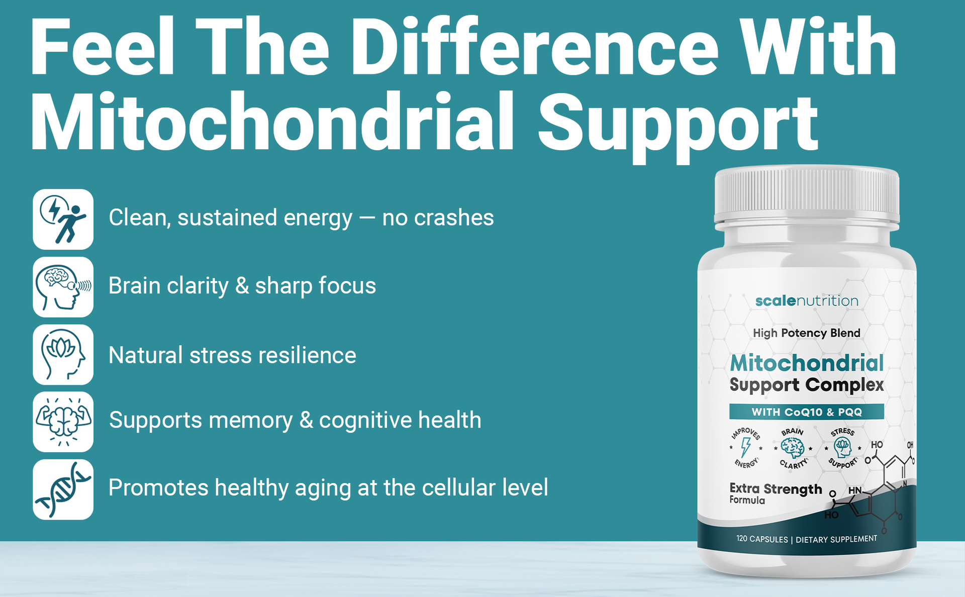 Mitochondrial Support Complex – Energy, Focus & Brain Clarity Support – CoQ10, PQQ, Acetyl-L-Carnitine – Cellular Energy & Stress Support Supplement - 120 Capsules