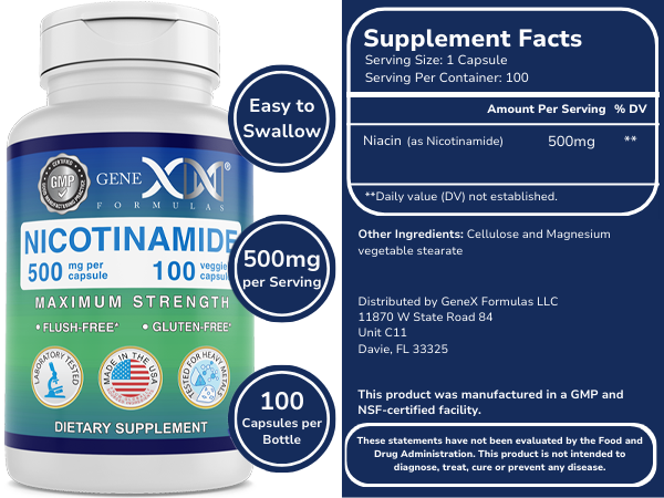 Genex Formulas Nicotinamide 500mg, Vitamin B3 Flush Free Niacin, 100 Caps