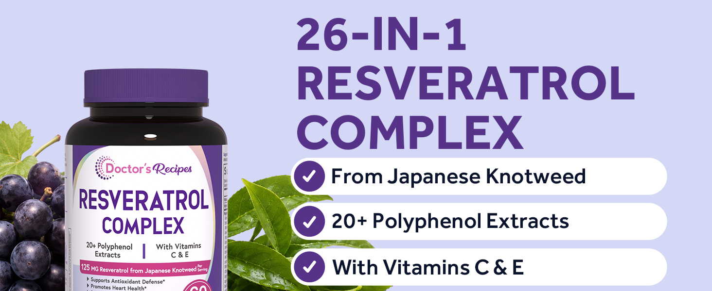 Doctor's Recipes Resveratrol Complex Supplement 1179mg, Trans-resveratrol from Japanese Knotweed, 20+ Polyphenol Extracts, Vitamins C & E, Antioxidant Support, Heart Health & Immune Function, 60 Cap