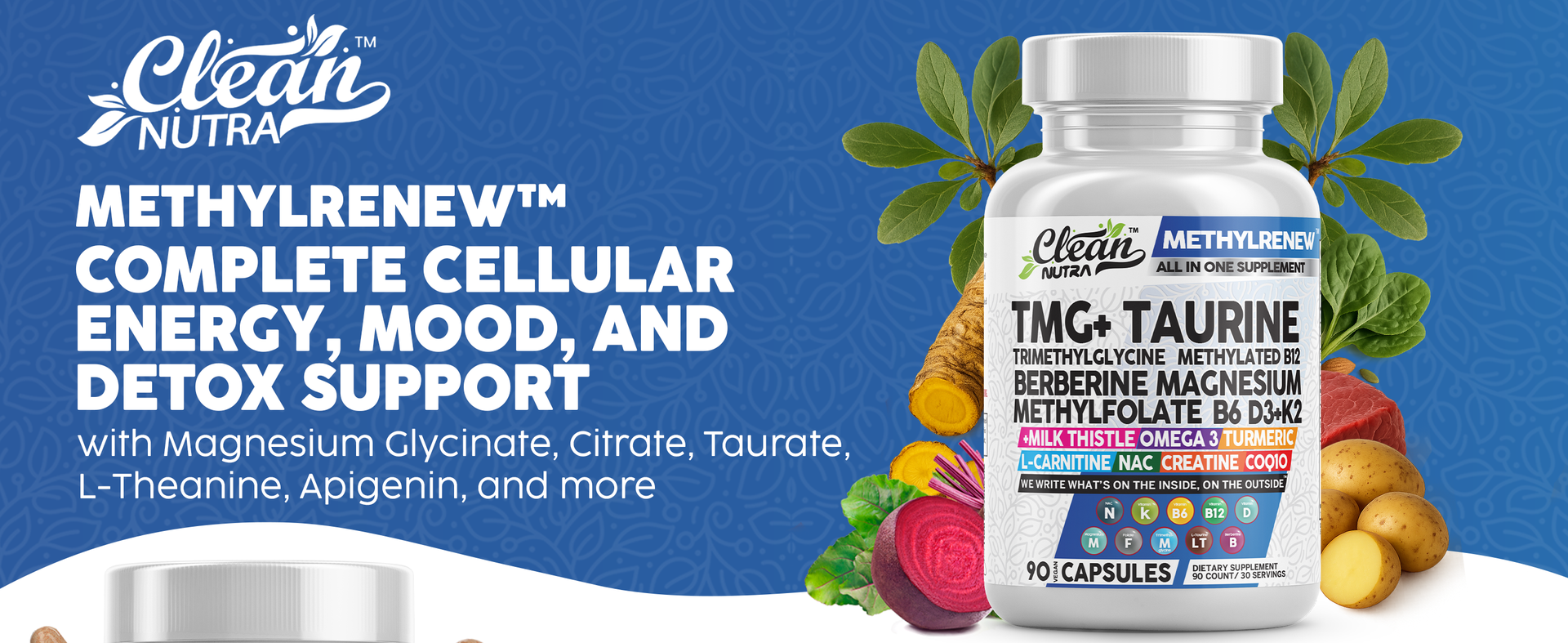 Clean Nutra TMG Supplements 1000mg | Methylated Multivitamin for Women Men | Taurine B6 Vitamins B12 D3 K2 Trimethylglycine Magnesium Methylfolate Milk Thistle NAC COQ10 B Supplement Complex Capsules