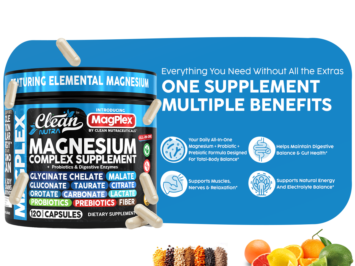 8in1 Magnesium Supplement Complex | Magnesium Glycinate Citrate Malate Gluconate Orotate Carbonate Lactate + Prebiotics Probiotics Digestive Enzymes Magnesio Capsules for Women Men By Clean Nutra