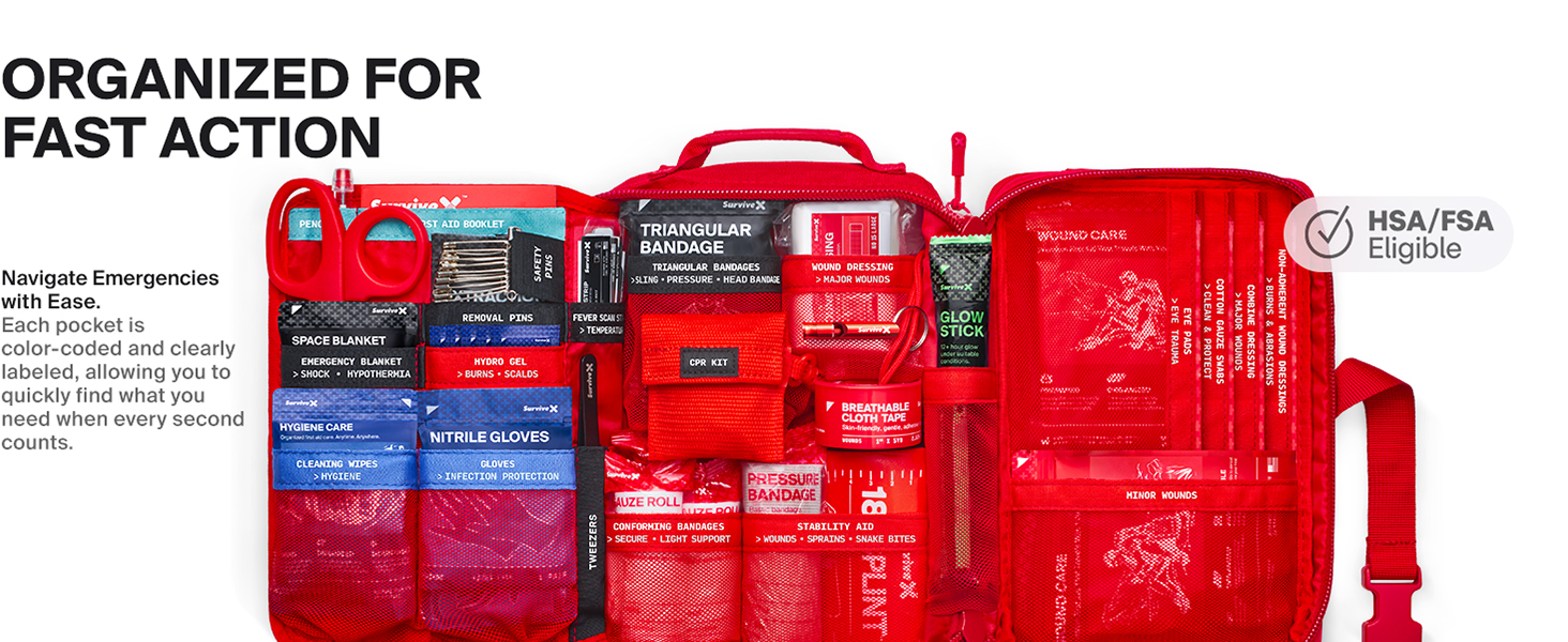 SurviveX Large First Aid Kit, Emergency Kit for 3-4 People