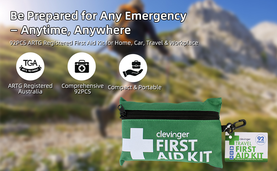 Clevinger Mini First Aid Kit, 92pcs Small First Aid Kit - Includes Emergency Foil Blanket, Scissors for Travel, Home, Office, Vehicle, Camping, Workplace & Outdoor, ARTG Number 400670 (3)