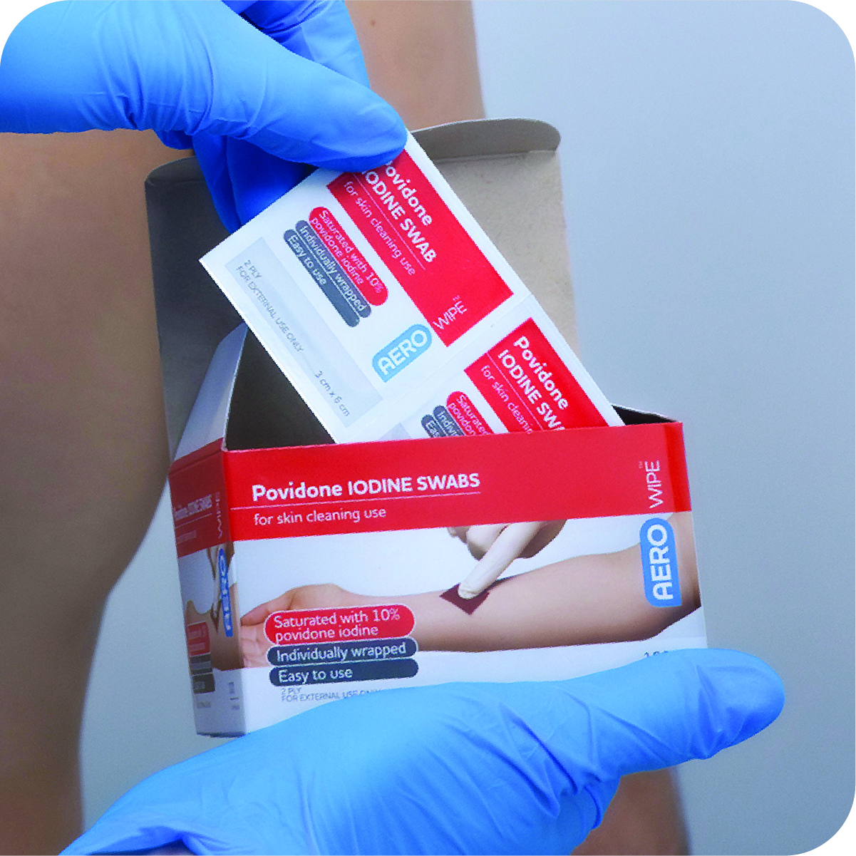 AEROWIPE 10% Povidone Iodine Swabs, antiseptic wipes for pre‑procedure skin cleansing, alcohol free, individually wrapped 2 ply pads for consistent coverage, 60 mm x 33 mm, box of 100