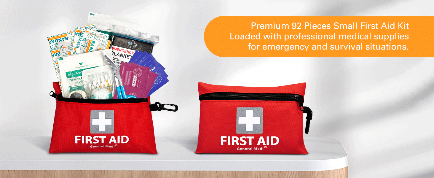 General Medi Mini First Aid Kit, 92 Pieces Small First Aid Kit - Includes Emergency Foil Blanket, Scissors for Travel, Home, Office, Vehicle, Camping, Workplace & Outdoor (Red)