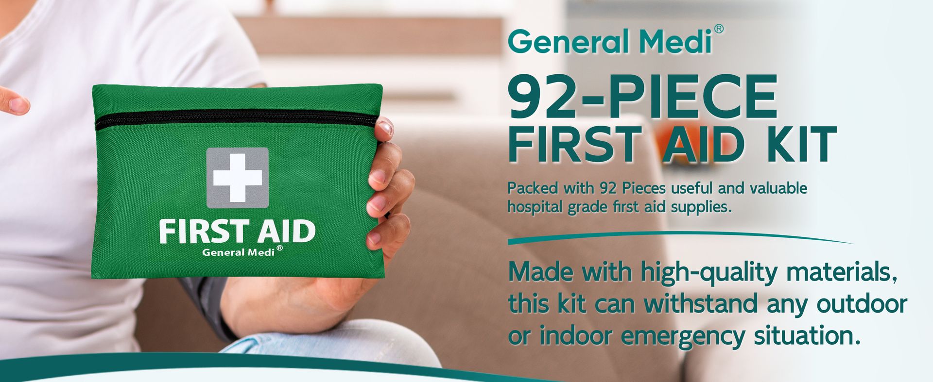 General Medi Mini First Aid Kit, 92 Pieces Small First Aid Kit - Includes Emergency Foil Blanket, Scissors for Travel, Home, Office, Vehicle, Camping, Workplace & Outdoor (Green)
