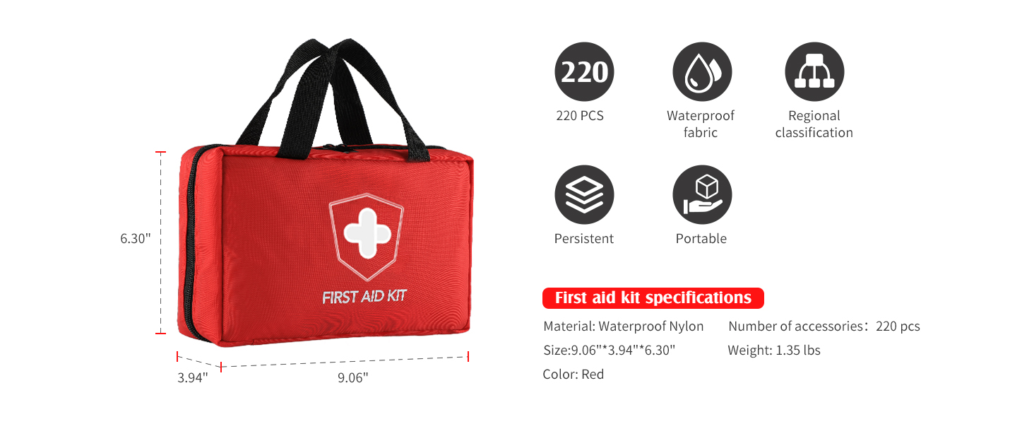 220 Piece First Aid Kit, Includes Emergency Foil Blanket, Scissors and Bandage, for Car, Travel, Home, Workplace, Camping, Hiking,Outdoor and Sports（Red）