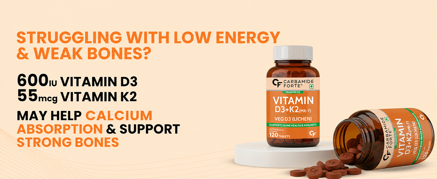 Carbamide Forte Vitamin D Tablets | Vitamin D3 K2 Supplement to support Bone & Heart Health | Veg D3 Lichen -120 Tablets