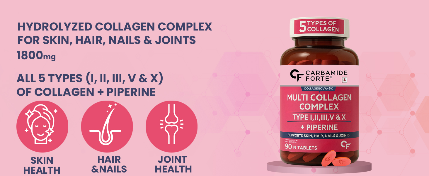 Carbamide Forte Multi Collagen Supplements For Skin | Collagen Tablets For Women & Men | Skin Supplements For Glowing Skin | Hydrolyzed Peptides With Type I, II, III, V & X - 90 Tablets