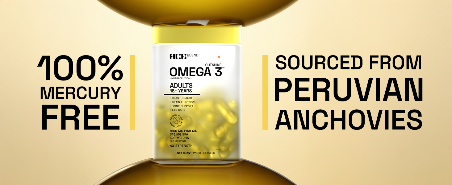 Ace Blend Outshine Omega 3 Fish Oil 4X Strength | 1650mg with 743 EPA & 528 DHA | 2 Softgels Daily for Men & Women | No Fishy Burps | Supports Heart, Brain, Joints & Eye Health | 60 Softgels