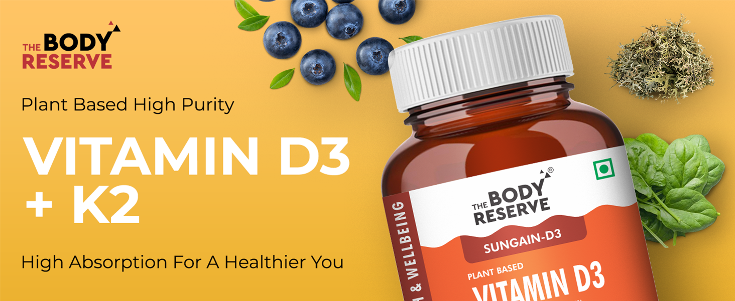 The Body Reserve Vitamin D3 K2 MK7-120 Veg Tablets, 100% RDA Plant-Based Vitamin D3 Supplement from Lichen Source with Vitamin K2 as MK7 Menaquinone