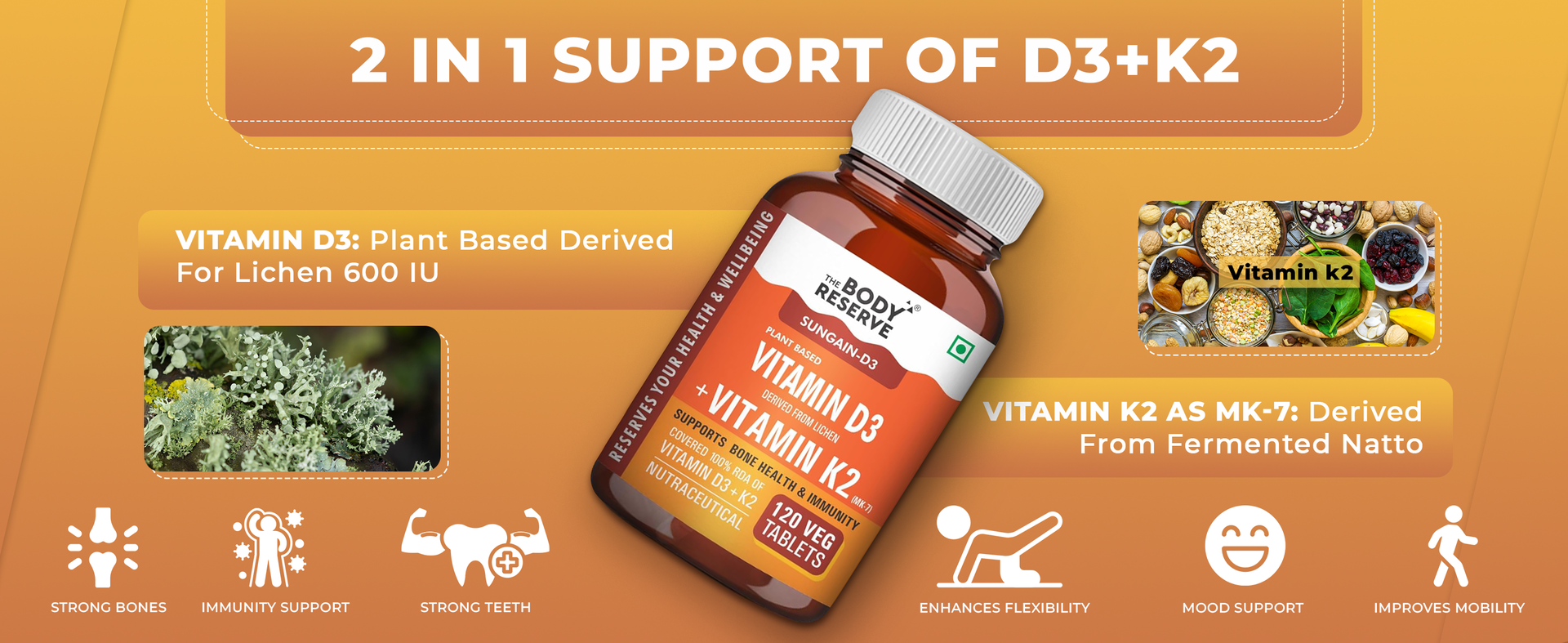 The Body Reserve Vitamin D3 K2 MK7-120 Veg Tablets, 100% RDA Plant-Based Vitamin D3 Supplement from Lichen Source with Vitamin K2 as MK7 Menaquinone
