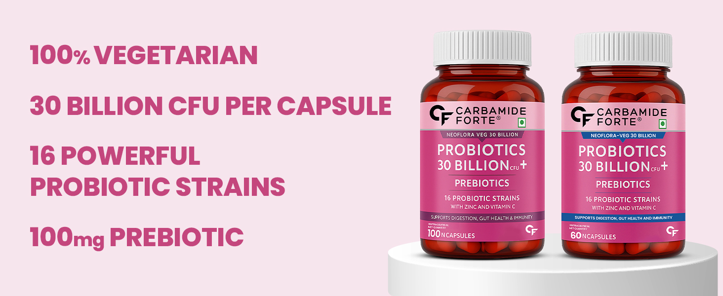 Carbamide Forte 30 Billion CFU Probiotics Supplement with Prebiotics | 16 Probiotic Strains | Daily Probiotic Supplement to support Gut Health & Digestion | 60 Veg Capsules