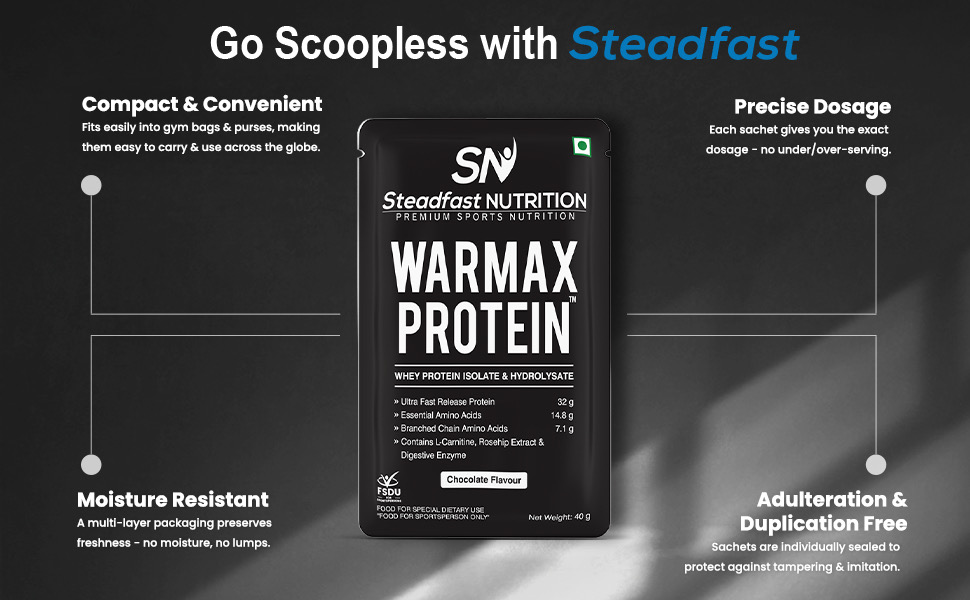 Steadfast Nutrition Warmax Whey Protein Isolate & Hydrolysate Powder 32G Ultra Fast Release Protein (Chocolate 6 Sachets, 240g)