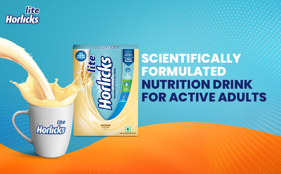 Horlicks Lite 450g, Energy for Active Adults | High Protein, No Added Sugar, 24 Vital Nutrients | Badam Flavor